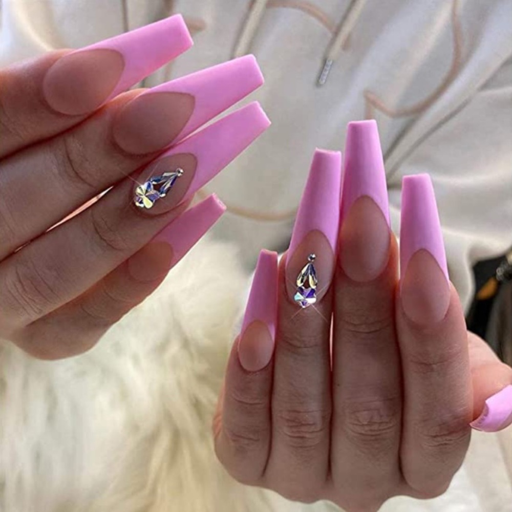 🆓 Pink Crystal Extra Long Coffin Nails - Picture 1 of 5